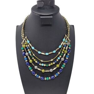 Multi Strand Layered Bib Chocker Necklace 5‎ Strand Beaded Blue Gold Green Gift